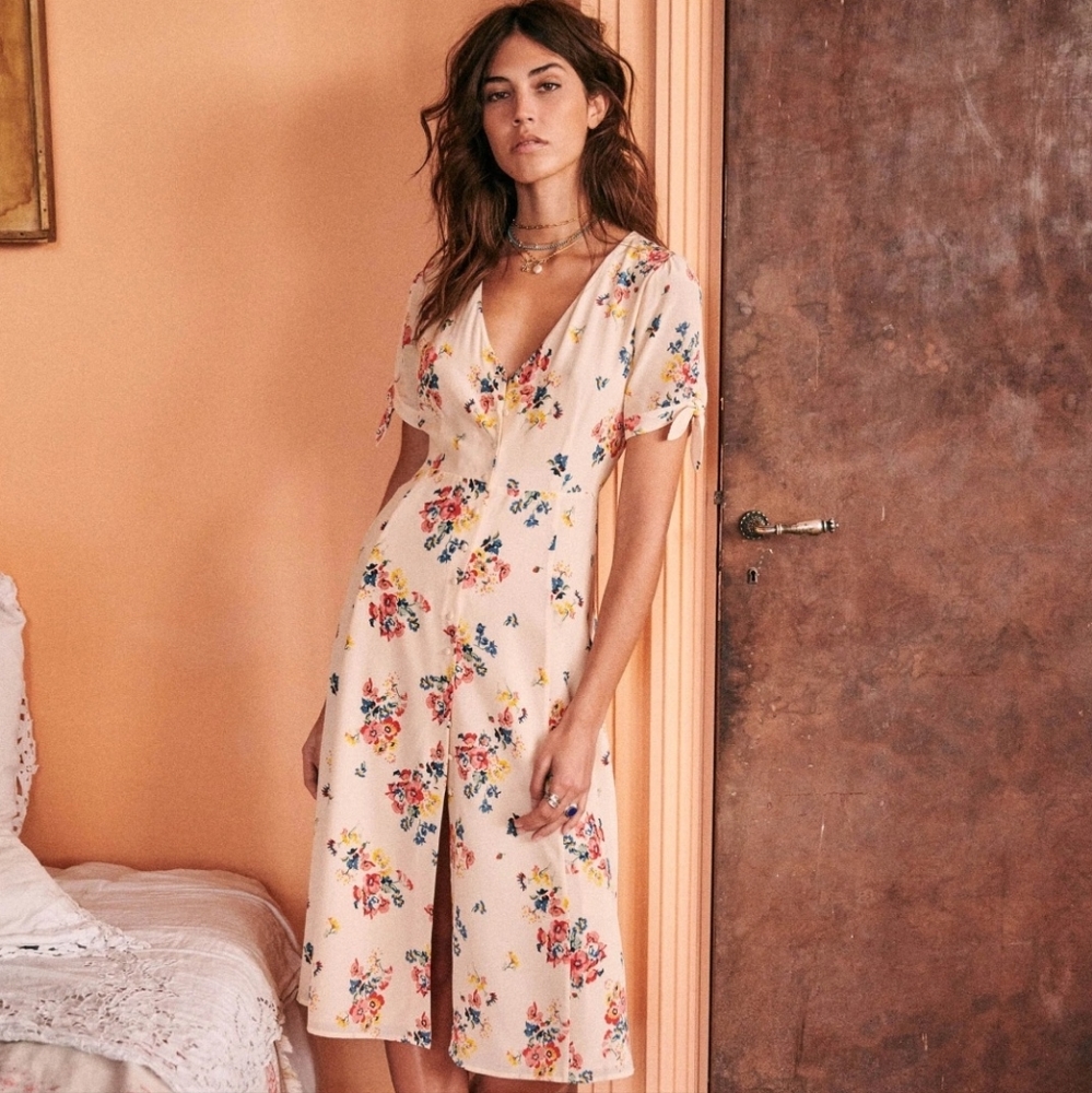 Sézane Vic Dress, Silk Peach Floral Print, Size 40 FR, EUC